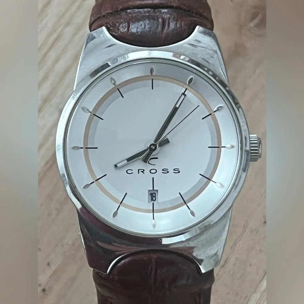 Cross Ladies Watch Beautiful Two-Tone Dial Date Window Brown Leather Strap